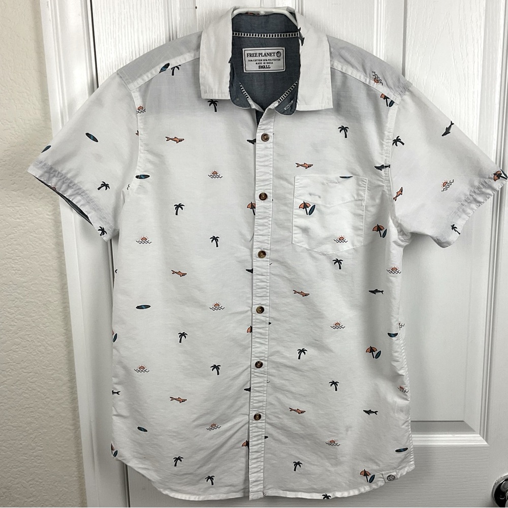 Pre-Owned Free Planet Men’s White Button Down Short Sleeve Shirt, Size S